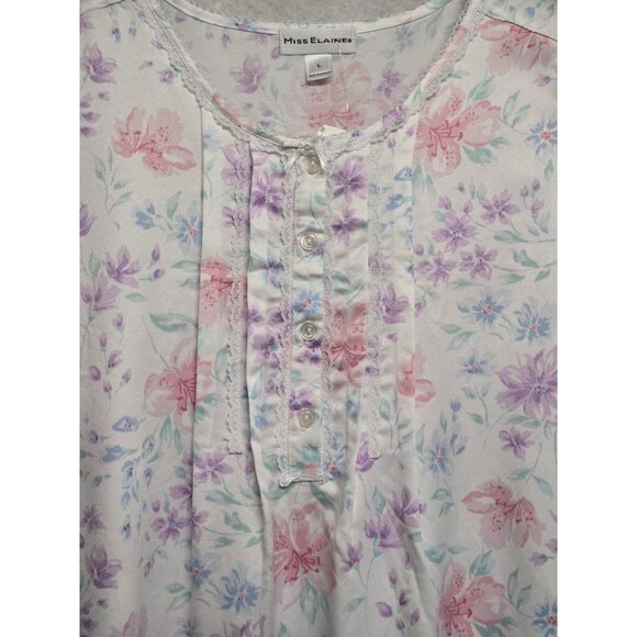 Miss Elaine Size Large Brushed Back Floral Print Nightgown Pintuck Lace Trim - Picture 6 of 9